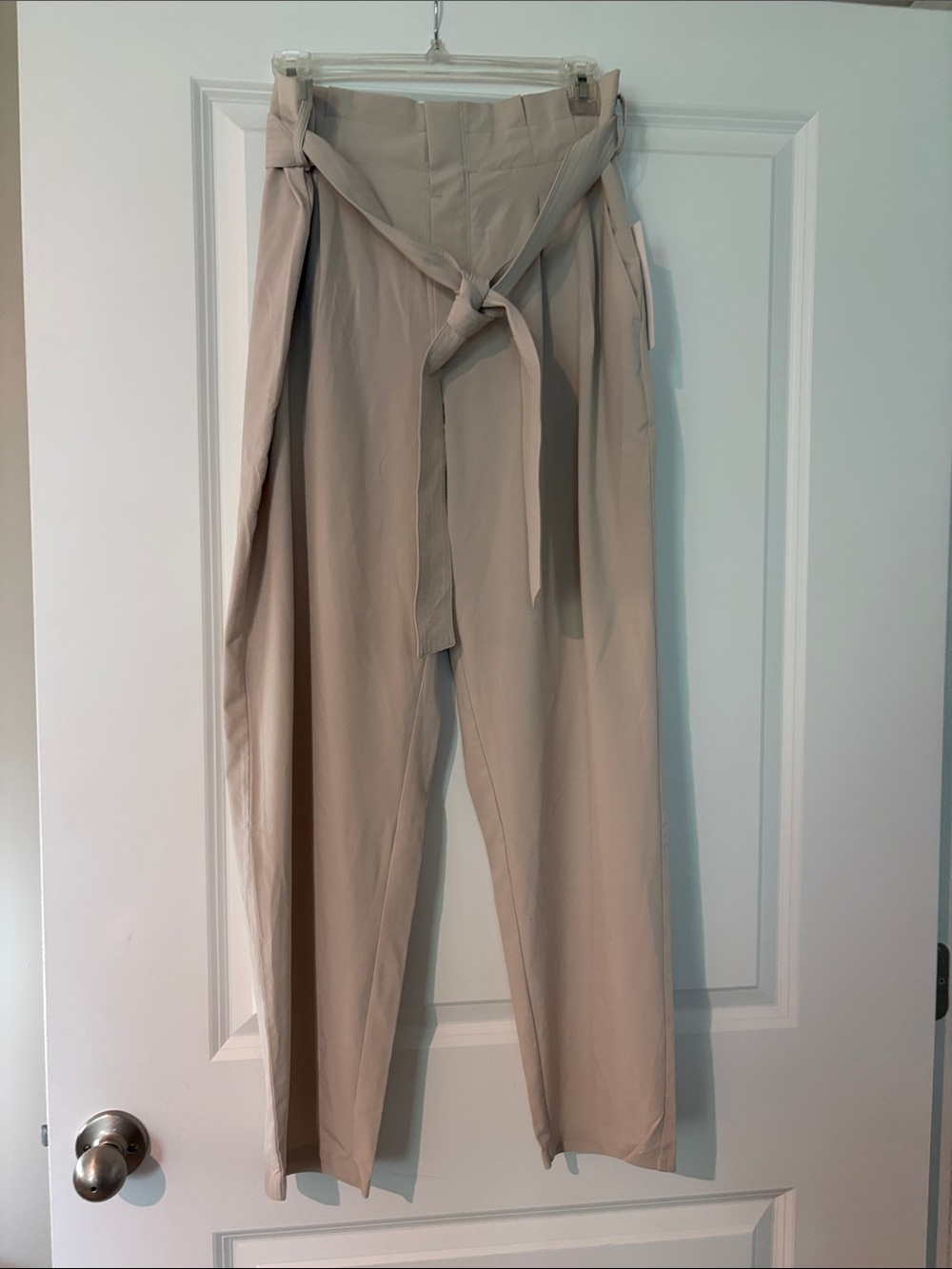 Athleta Cream High-Waist Tie-Belt Wide-Leg Trousers